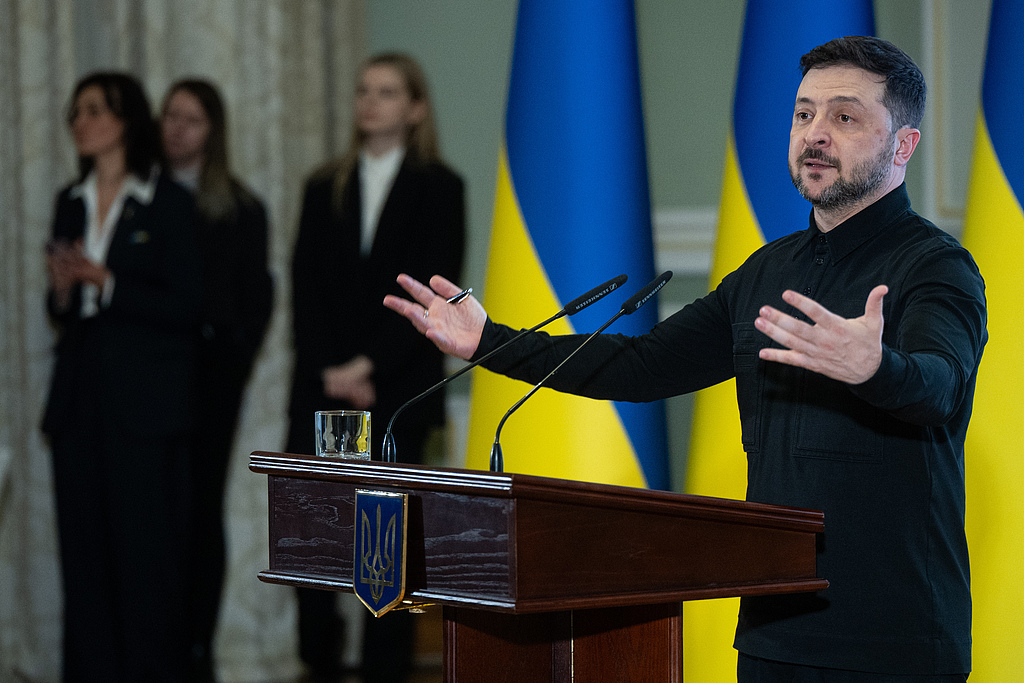 Ukrainian President Volodymyr Zelenskyy gives a speech during an event at the National Diplomatic Academy on the occasion of the Day of the Worker of Diplomatic Service in Kyiv, Ukraine, December 22, 2025. /VCG