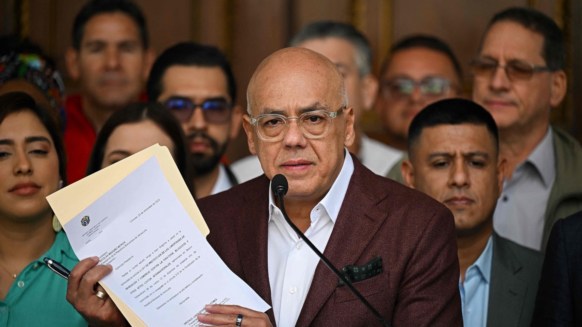 Venezuela's National Assembly President Jorge Rodriguez speaks during a press conference following an extraordinary session at the National Assembly in Caracas on December 23, 2025. /VCG