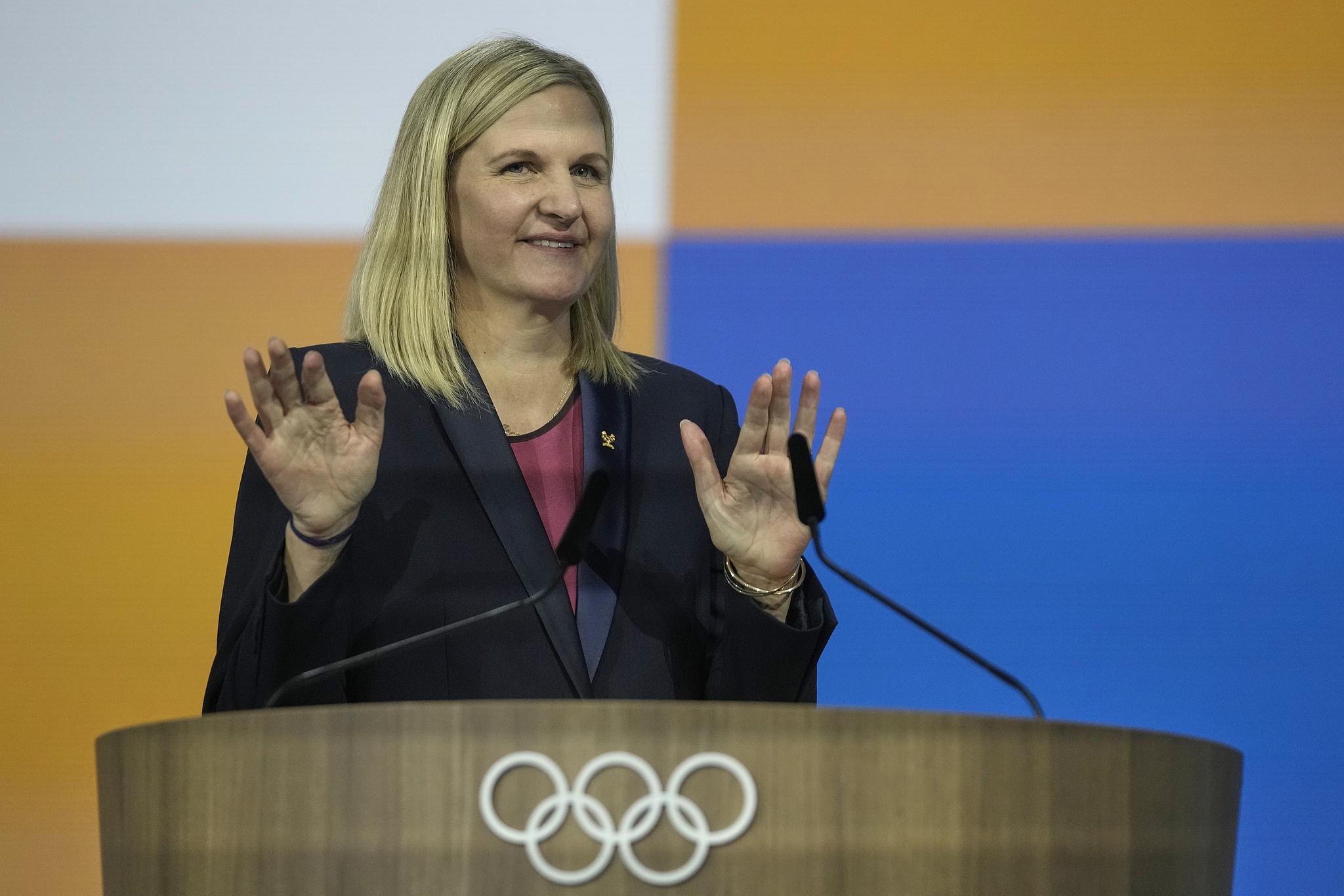 Kirsty Coventry of Zimbabwe speaks after being elected as President of the International Olympic Committee at the 144th IOC Session in Costa Navarino, Greece, March 20, 2025. /VCG