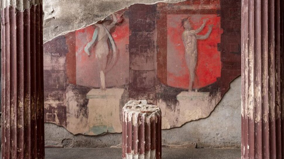 A view of the site where a rare giant frieze that has just been uncovered in the ancient city of Pompeii, Italy, February 26, 2025. Pompeii Archaeological Park/Handout via Reuters
