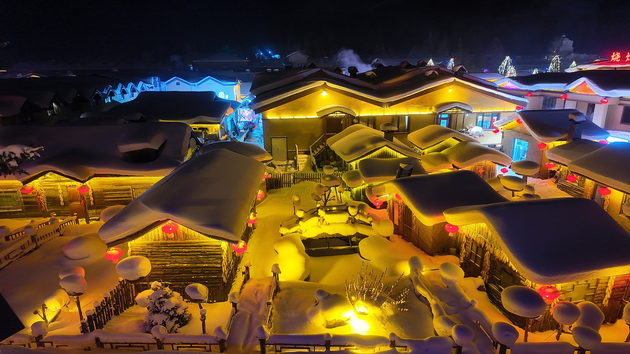 A night view of the Snow Town scenic area in Mudanjiang, Heilongjiang Province, on December 24, 2025. /VCG