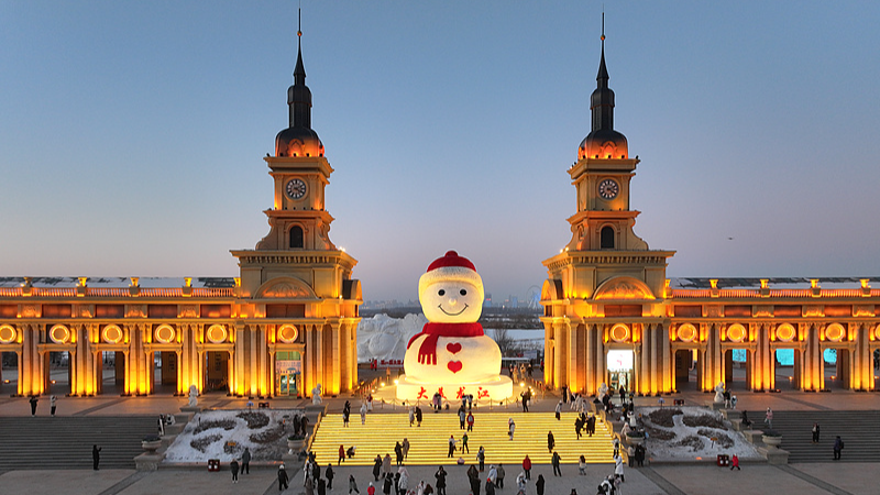 Live: A view of Harbin's iconic giant snowman for the winter season