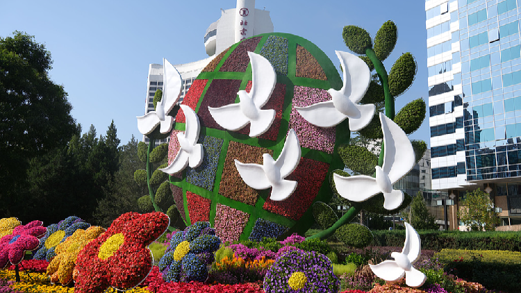 A file of a floral decoration featuring peace doves in Beijing, China. /VCG