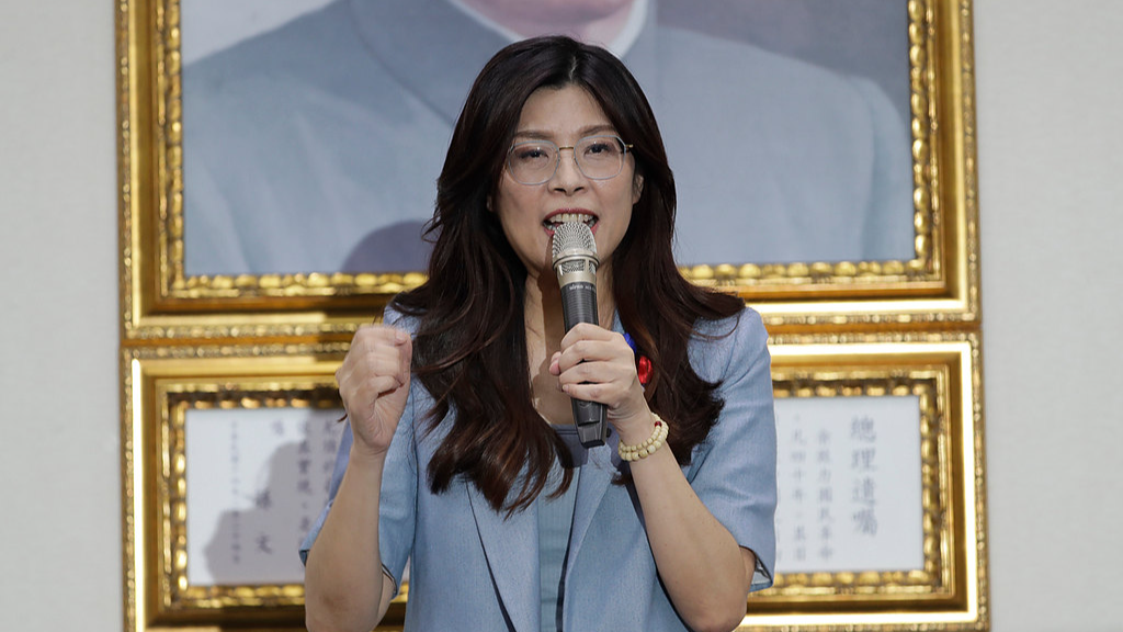 Cheng Li-wun delivers a speech after being elected chairperson of the Chinese Kuomintang party in Taipei, southeast China's Taiwan, October 18, 2025. /VCG