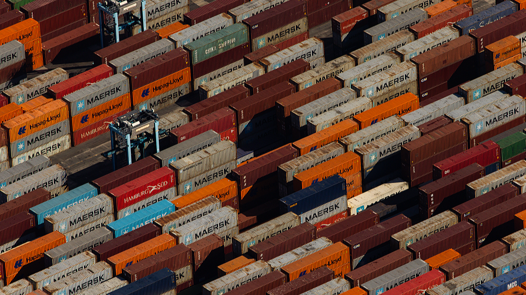 Shipping containers are seen at the Port of Los Angeles from the Goodyear Blimp in Los Angeles, California, U.S., December 11, 2025. /VCG