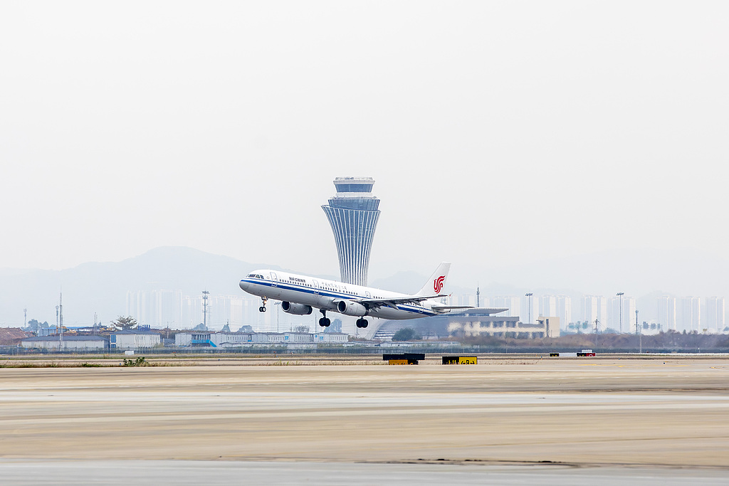An airplane takes off from Guangzhou Baiyun International Airport in Guangzhou, south China's Guangdong Province, October 30, 2025. /VCG