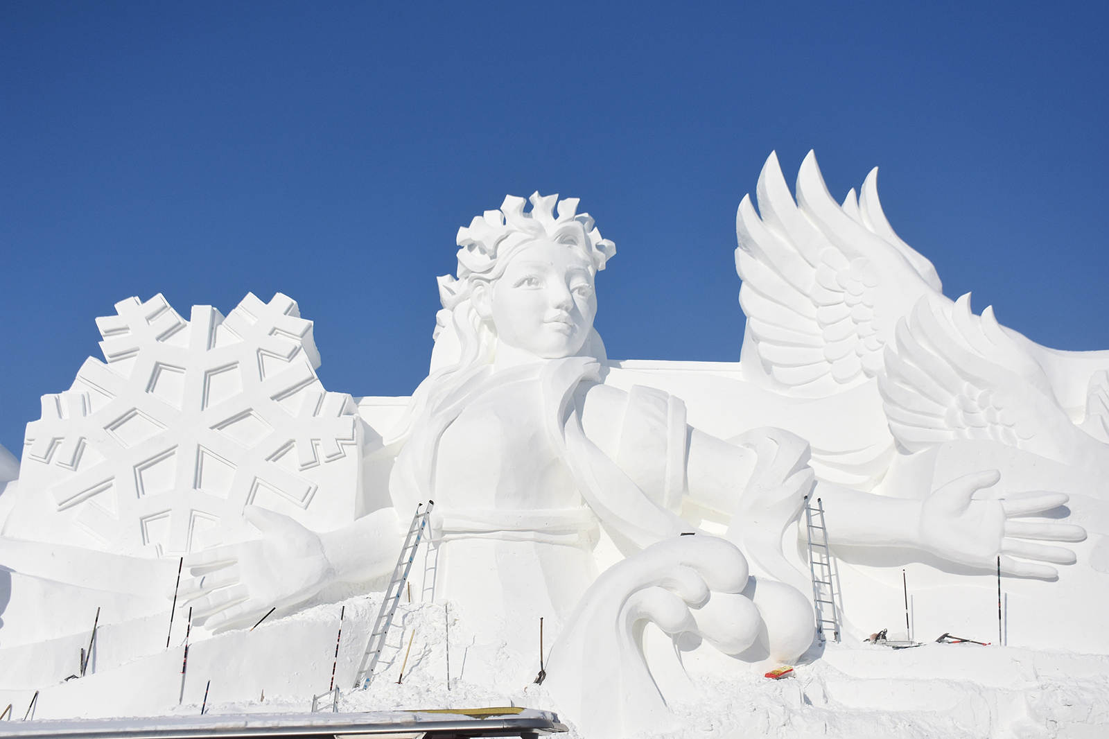 A large-scale snow sculpture is seen at the 38th Sun Island International Snow Sculpture Art Expo in Harbin, Heilongjiang Province during a trial run on December 27, 2025. /VCG