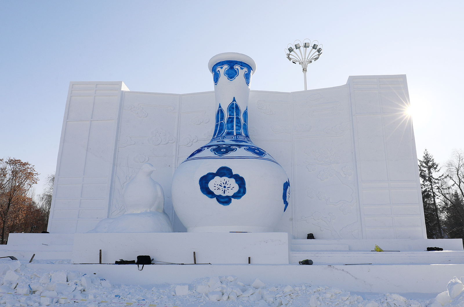 A large-scale snow sculpture is seen at the 38th Sun Island International Snow Sculpture Art Expo in Harbin, Heilongjiang Province during a trial run on December 27, 2025. /VCG
