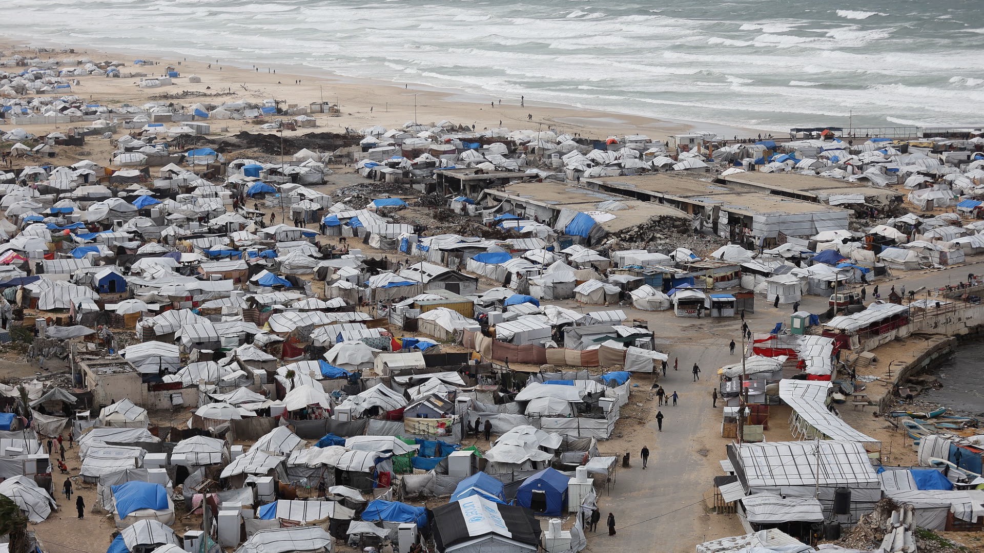 Flooded makeshift tents are seen in Khan Yunis, Gaza, on December 28, 2025, as heavy rain and storms worsen conditions for displaced Palestinians. /VCG