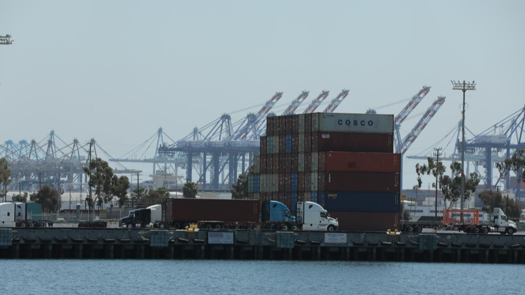 Trucks and containers are pictured at the Port of Los Angeles, California, the United States, April 29, 2025. /Xinhua