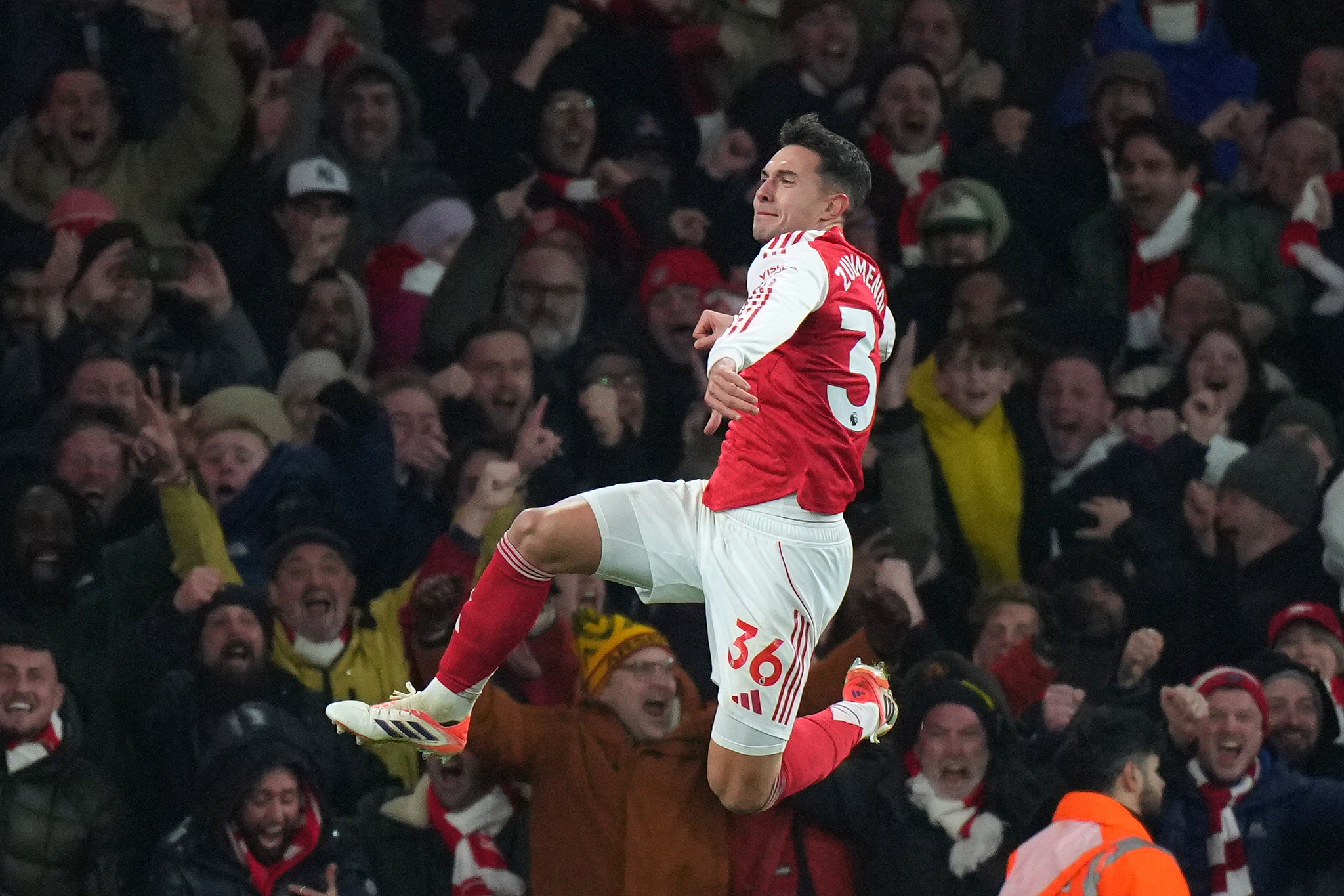 Martín Zubimendi of Arsenal celebrates after scoring a goal in the Premier League match against Aston Villa at the Emirates Stadium in London, England, December 30, 2025. /VCG