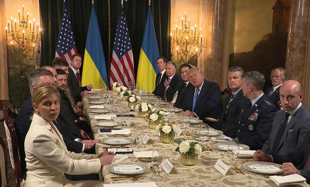 A screen shot taken from a video released by the White House shows U.S. President Donald Trump meeting with Ukrainian President Volodymyr Zelensky at the Mar-a-Lago estate in Palm Beach, Florida, the United States, Dec. 28, 2025. The two leaders met in Florida on Sunday on the latest draft of a peace plan aimed at ending the Ukraine crisis. (Xinhua)