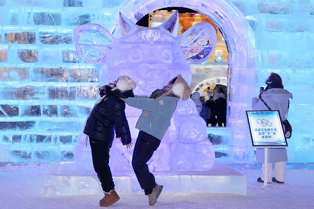 Visitors make funny poses in front of an ice sculpture at Harbin Ice and Snow World on December 31, 2025. /VCG