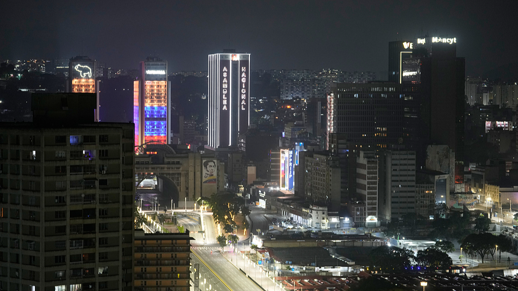 The National Assembly building is lit up in downtown Caracas, Venezuela, after explosions and low-flying aircraft were heard, January 3, 2026. /VCG