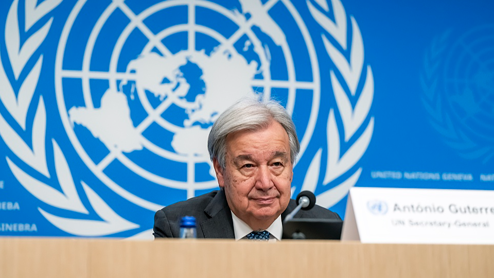 UN Secretary-General Antonio Guterres looks on during a press conference in Geneva, Switzerland, October 22 2025. /VCG