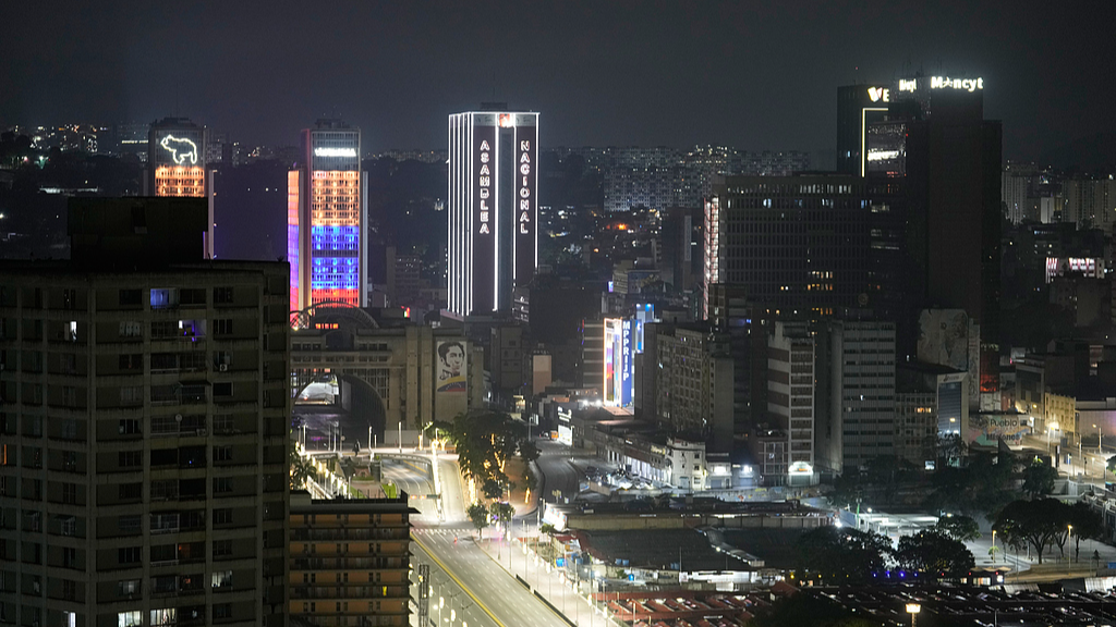 The National Assembly building is lightened in downtown Caracas, Venezuela, after explosions and low-flying aircraft were heard, January 3, 2026. /VCG