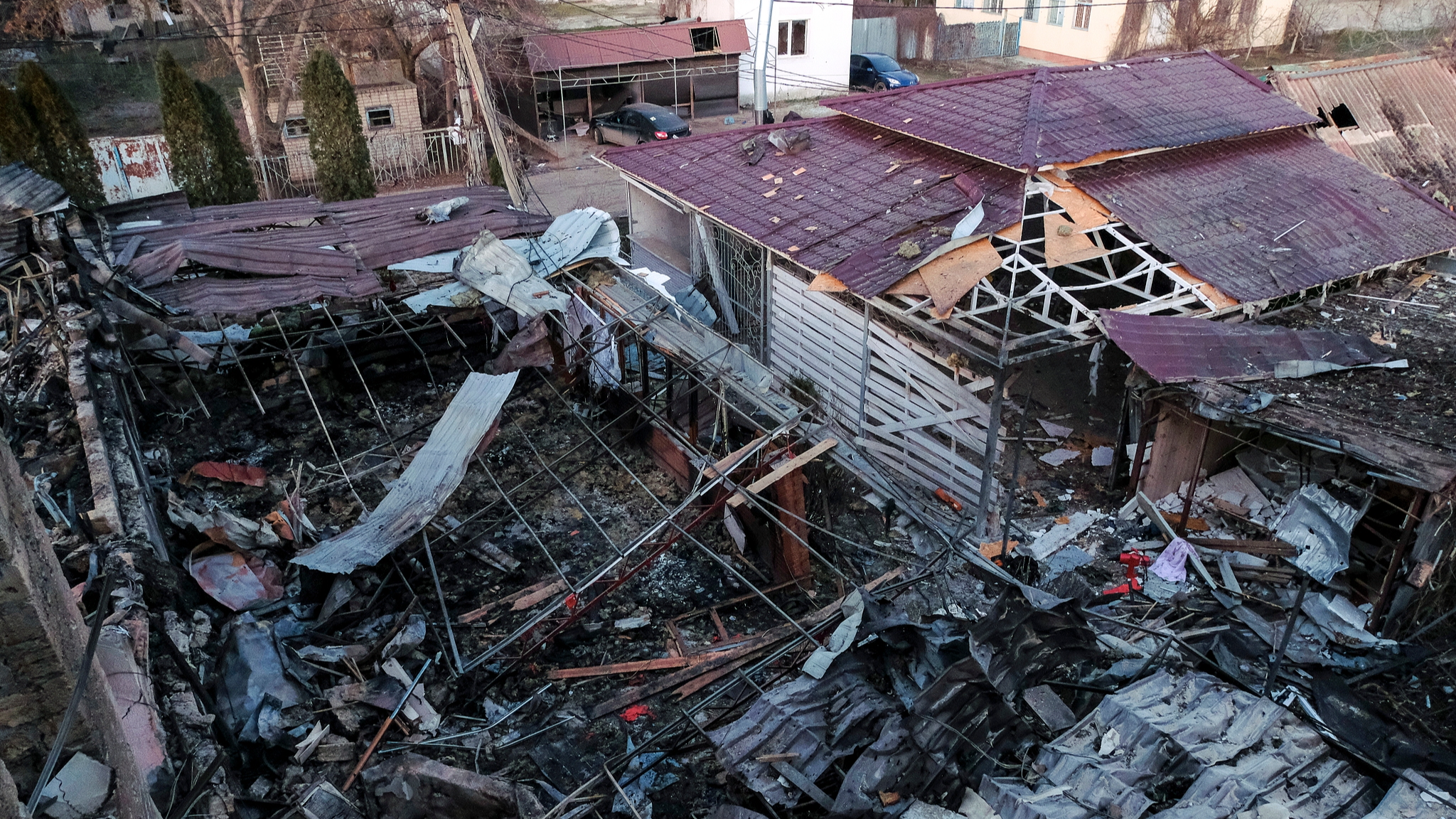 A view shows a hotel and a cafe damaged after a drone attack, in the Kherson region territory, January 1, 2026. /VCG