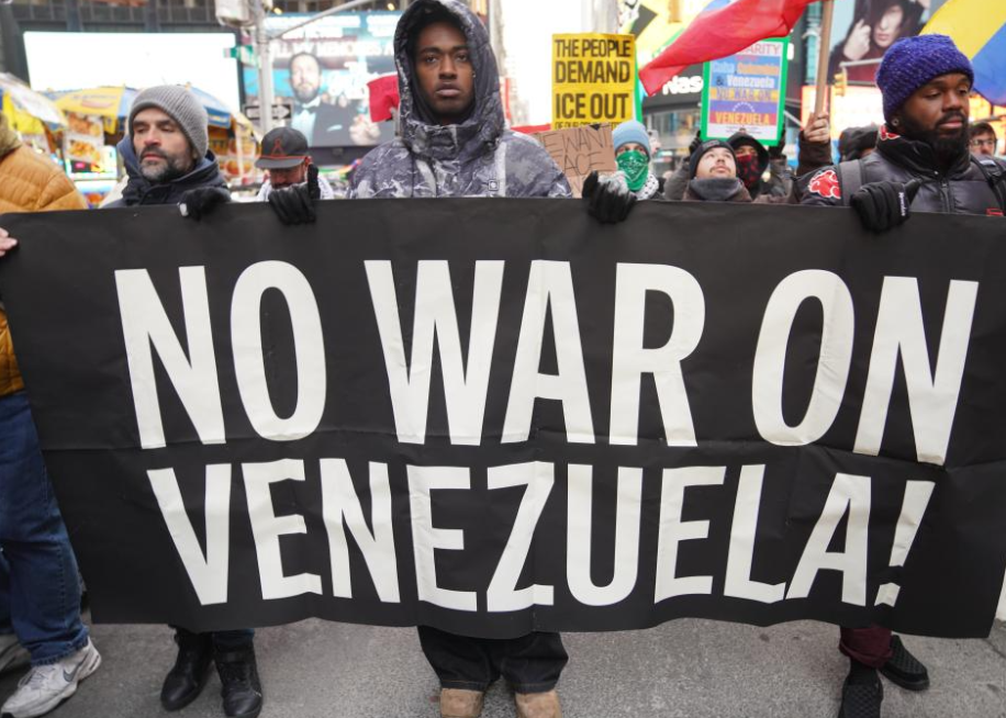 People take part in a protest against the U.S. attacks on Venezuela in New York city, the United States, January 3, 2026. /Xinhua