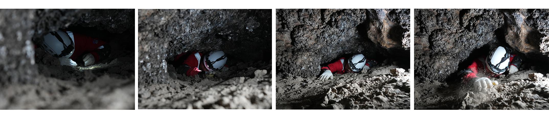 Footages show astronauts crawling through narrow passages inside a deep cave in Wulong, southwest China's Chongqing Municipality. /CMG