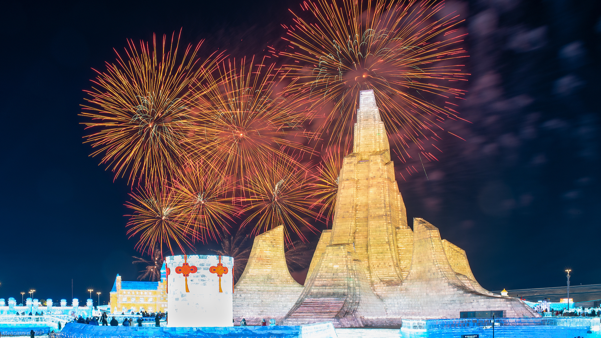 The 42nd Ice and Snow Festival opened, fireworks burst over the main tower of the Ice-Snow World, Harbin, Heilongjiang Province, northeast China, January 5, 2026. /VCG