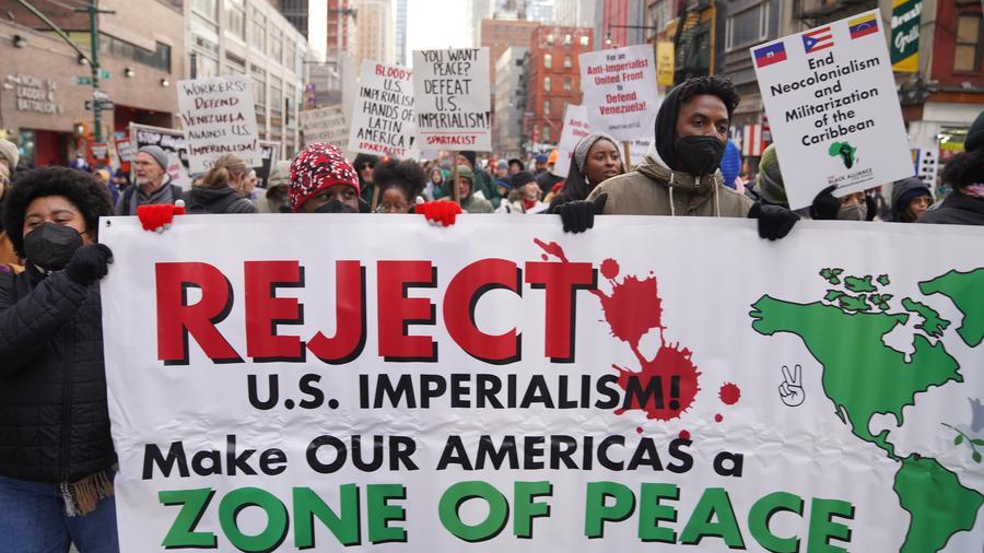 People take part in a protest against the U.S. attacks on Venezuela in New York city, the United States, January 3, 2026. /Xinhua
