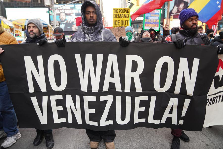 People take part in a protest against the U.S. attacks on Venezuela in New York city, the United States, January 3, 2026. /Xinhua