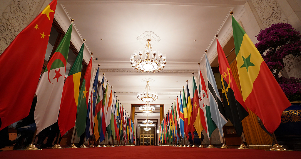 An array of flags, comprising the national flag of China, with flags of more than 50 African countries, and the flag of the African Union, was displayed at the 2024 Beijing Summit of the Forum on China-Africa Cooperation held at the Great Hall of the People, Beijing, China, September 4, 2024. /CFP