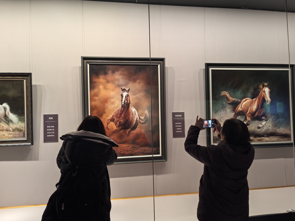 Visitors take photos of horse-themed paintings at the Shenyang Museum in Shenyang, Liaoning Province, China, on January 6, 2025. /IC