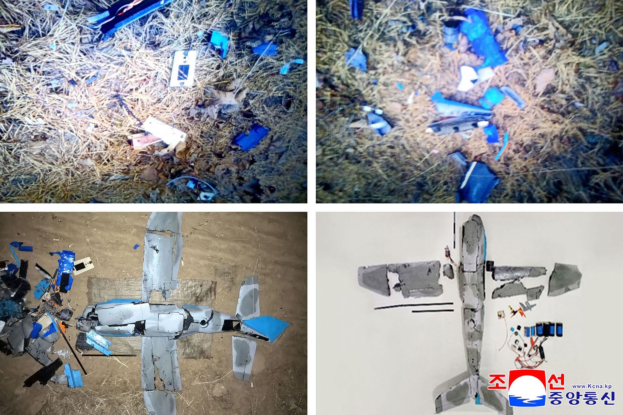The combo image released on January 10 by Korean Central News Agency (KCNA), showing the wreckage of a drone that the Democratic People's Republic of Korea (DPRK) claims originated from South Korea, and brought down by specialised electronic warfare assets after violating DPRK airspace./VCG