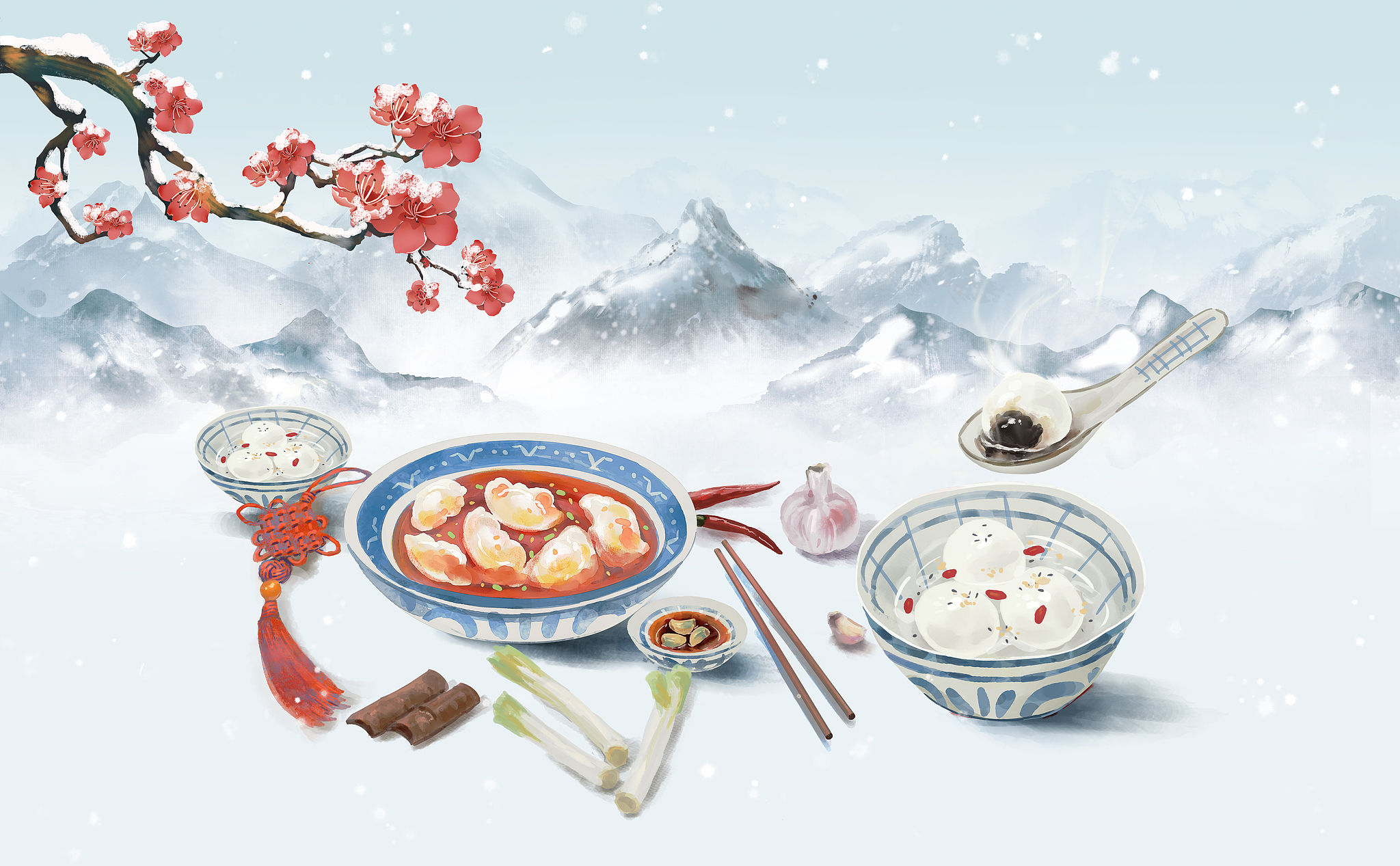 A hand-drawn winter-themed illustration with a blue snowy landscape background, featuring glutinous rice balls, dumplings, and other winter solstice delicacies. /VCG