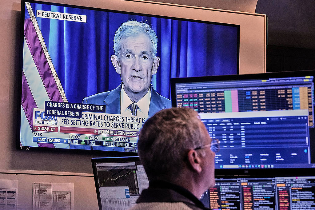 A video of US Federal Reserve Chair Jerome Powell plays on a screen on the floor of the New York Stock Exchange, Jan. 12, 2026. /AP Photo/Richard Drew/VCG