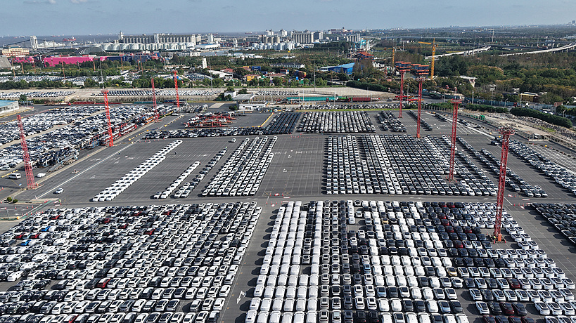 New energy vehicles await shipment at an automobile export terminal, Shanghai, China, January 14, 2026. /VCG