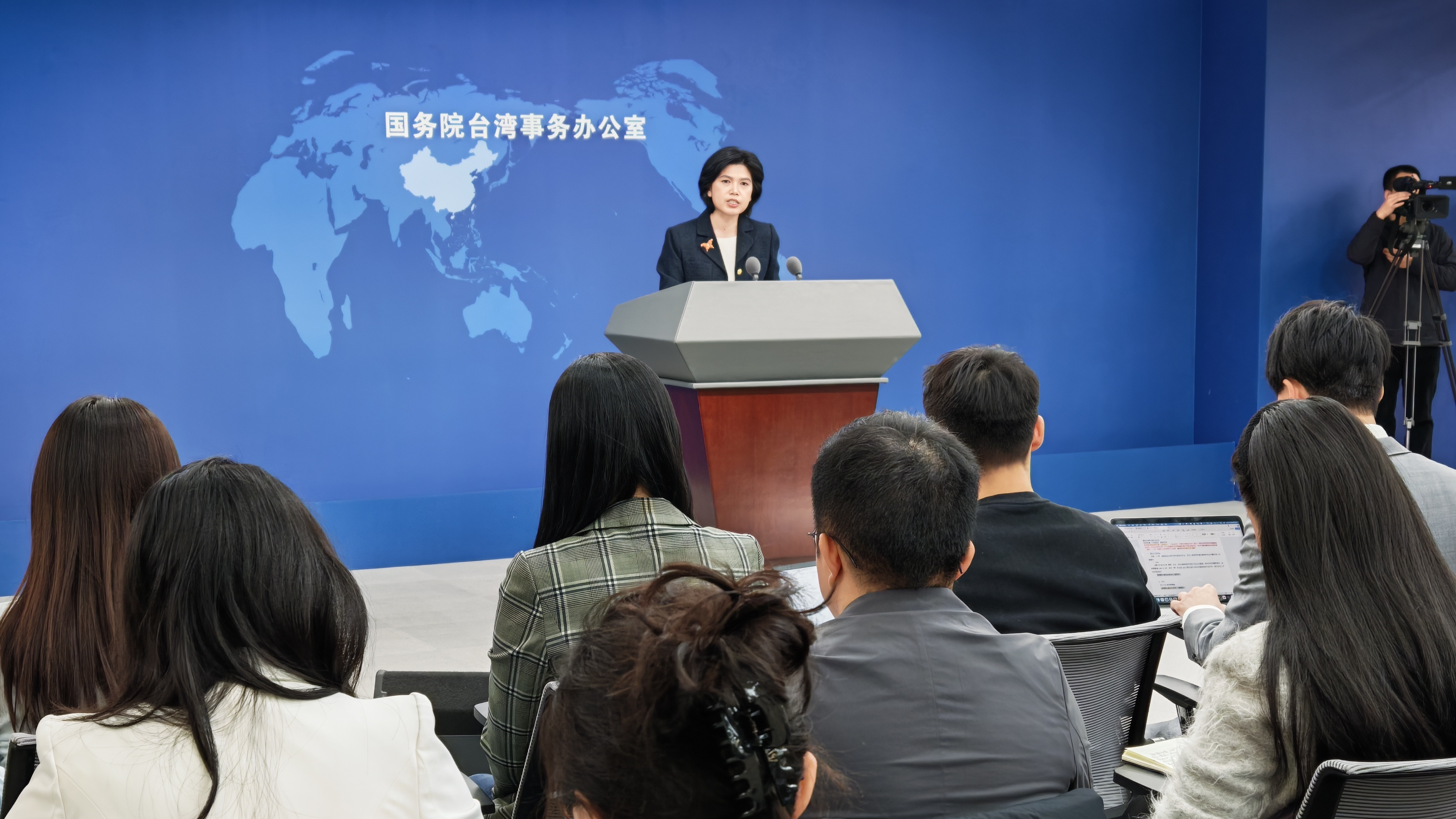 File photo of Zhu Fenglian, spokesperson for the State Council Taiwan Affairs Office, speaks at a regular press conference, Beijing, China. /CMG