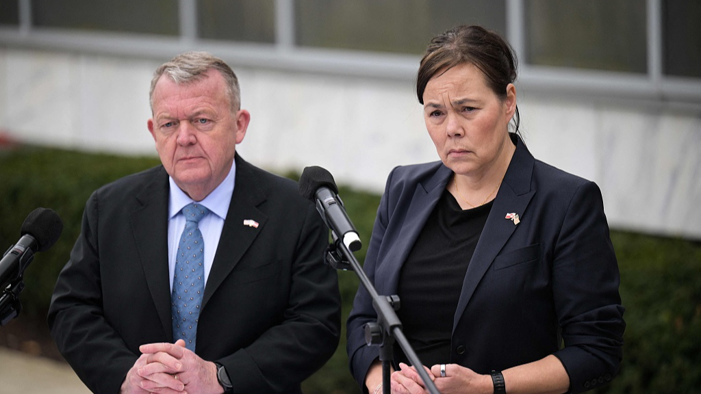 Danish Foreign Minister Lars Lokke Rasmussen, L, and Greenland's Foreign Minister Vivian Motzfeldt speak during a news conference at the Danish Embassy in Washington, D.C., U.S., January 14, 2026. /VCG