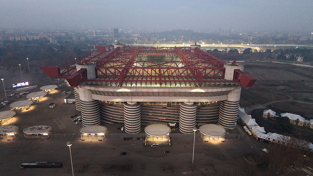 An aerial view displays the Giuseppe Meazza Stadium, where the opening ceremony of the Milano-Cortina 2026 Winter Olympics will be held, in San Siro, Milan, Italy./ VCG