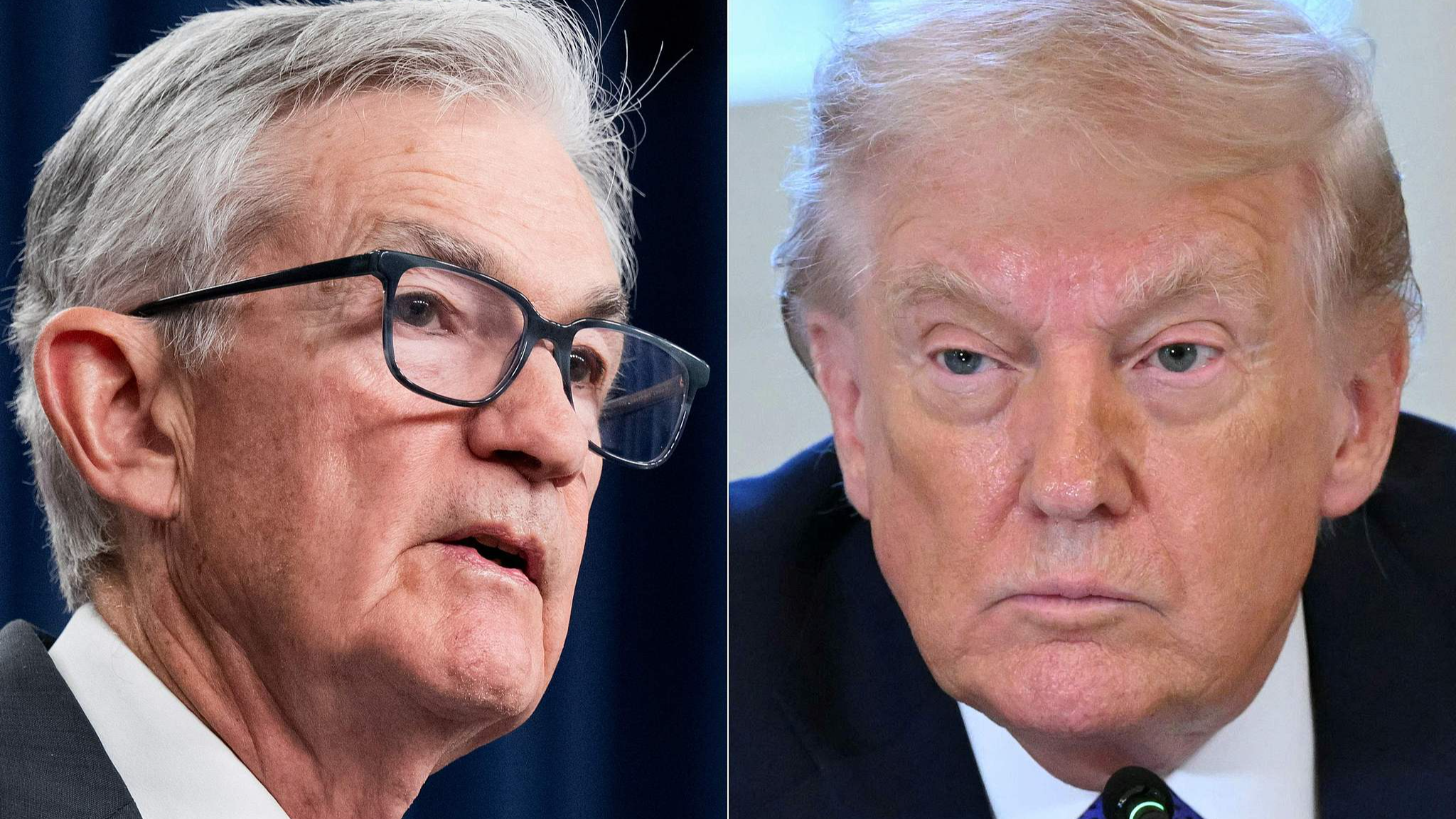 This combination of pictures created on January 12, 2026 shows, L/R, U.S. Federal Reserve Board Chairman Jerome Powell in Washington, DC, on December 10, 2025 and U.S. President Donald Trump at the White House in Washington, DC on January 9, 2026. /VCG