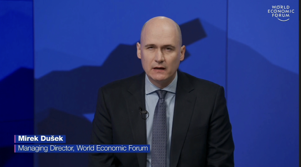 Mirek Dusek, managing director of WEF, speaking at a pre-annual meeting press conference on January 13, 2026. /WEF