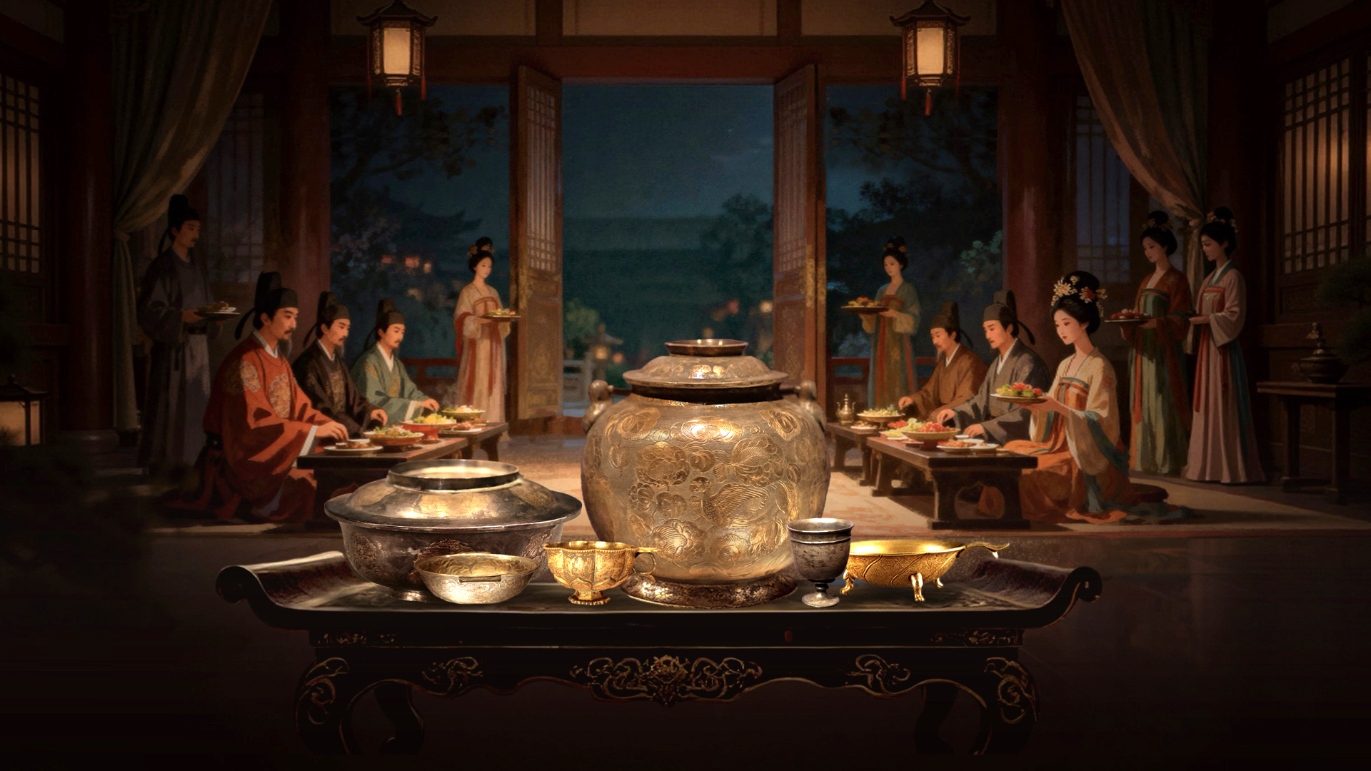 A screenshot from the virtual exhibition showing a grand banquet of the Tang Dynasty. /CGTN