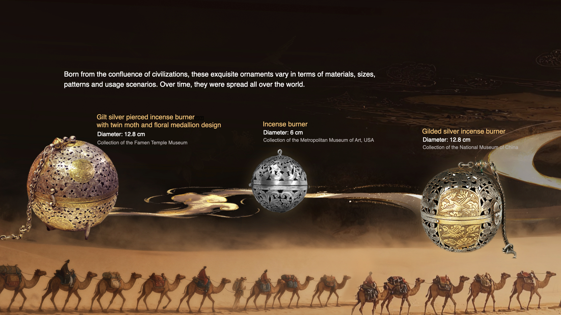 A screenshot from the virtual exhibition showing three incense burners. /CGTN