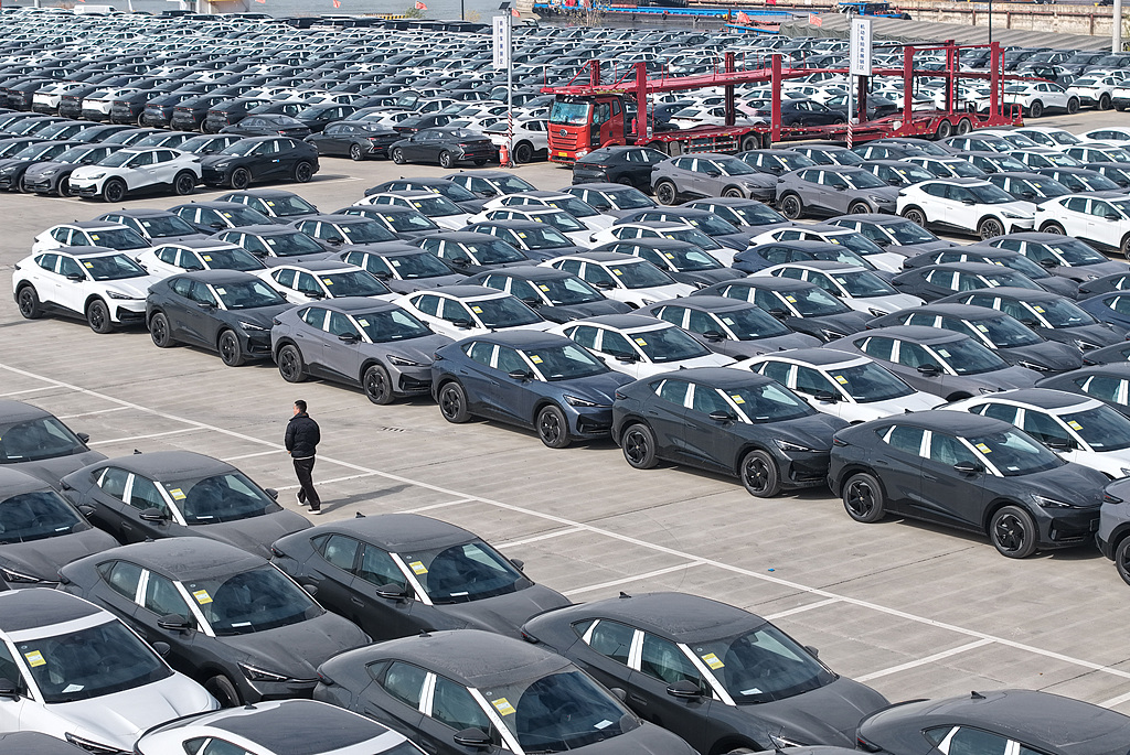 A large number of domestically produced new energy vehicles waiting to be exported at the Hangzhou International Automobile Trade Port, in Hangzhou, Zhejiang Province, China, on January 19, 2026. /VCG