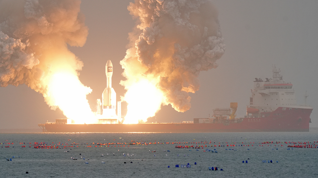 China's commercial carrier rocket Gravity-1 was launched into space from the Oriental Spaceport, Haiyang, east China's Shandong Province, October 11, 2025. /VCG