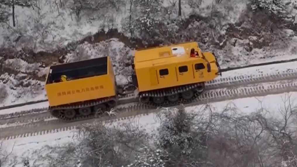 A Python all-terrain crawler climbs the Niuji Mountain near Suizhou City, central China's Hubei Province, January 20, 2026. /CMG