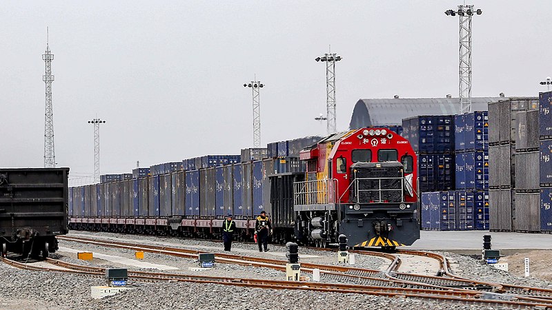 A freight train entered the land port center in Hami, northwest China's Xinjiang Uygur Autonomous Region, March 22, 2024. /VCG