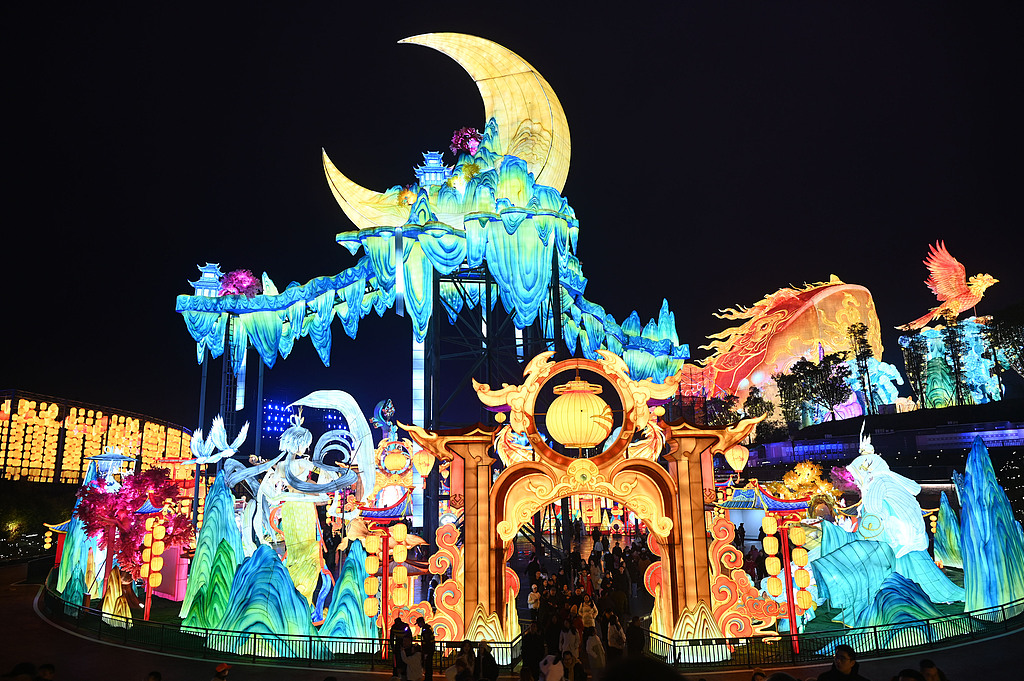 A large lantern installation is seen on display at the 32nd International Dinosaur Lantern Festival in Zigong, Sichuan Province, on January 21, 2026. /VCG