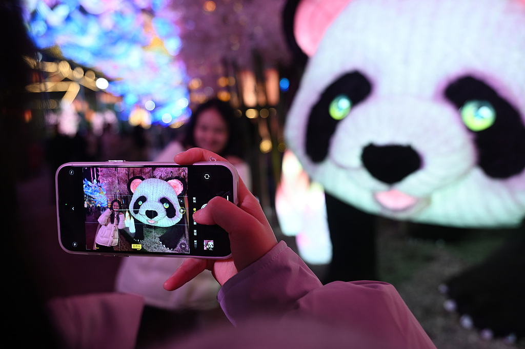 Visitors take photos with a panda lantern on display at the 32nd International Dinosaur Lantern Festival in Zigong, Sichuan Province, on January 21, 2026. /VCG