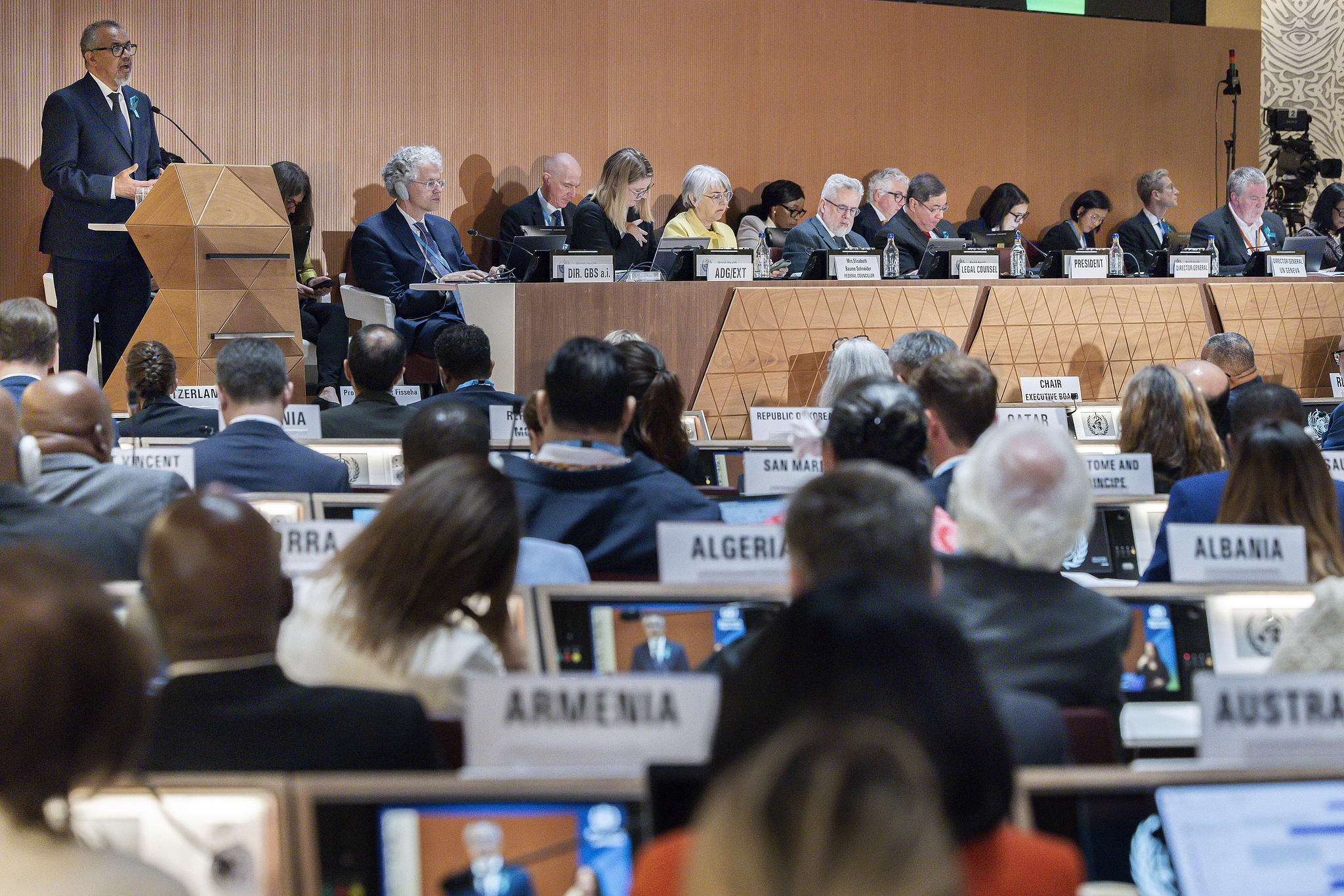 Director General of the World Health Organization Tedros Adhanom Ghebreyesus, left, delivers his statement, during the opening of the 78th World Health Assembly at the European headquarters of the United Nations in Geneva, Switzerland, May 19, 2025. /VCG