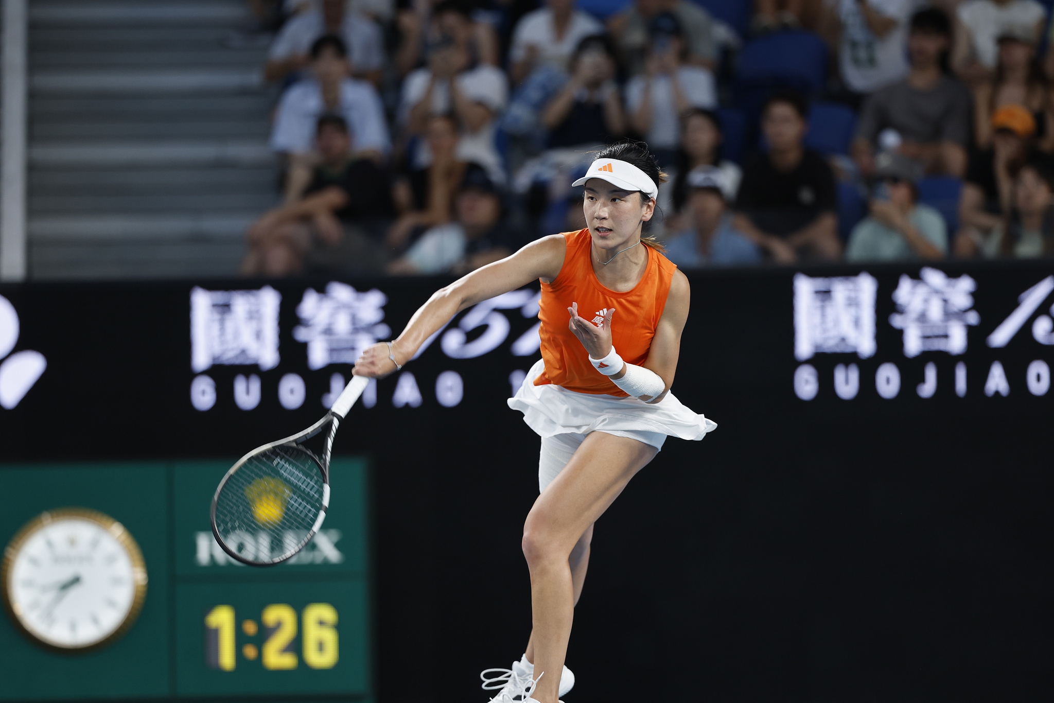 China's Wang Xinyu hits a shot against the Czech Republic's Linda Noskova in a women's singles third round match at the Australian Open in Melbourne, Australia, January 24, 2026. /VCG