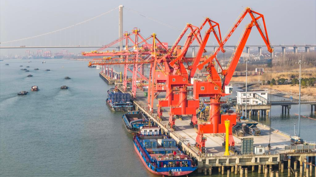 Cargo ships loading and unloading containers at a terminal of Taizhou Port in Taizhou, east China's Jiangsu Province, January 14, 2026. /Xinhua