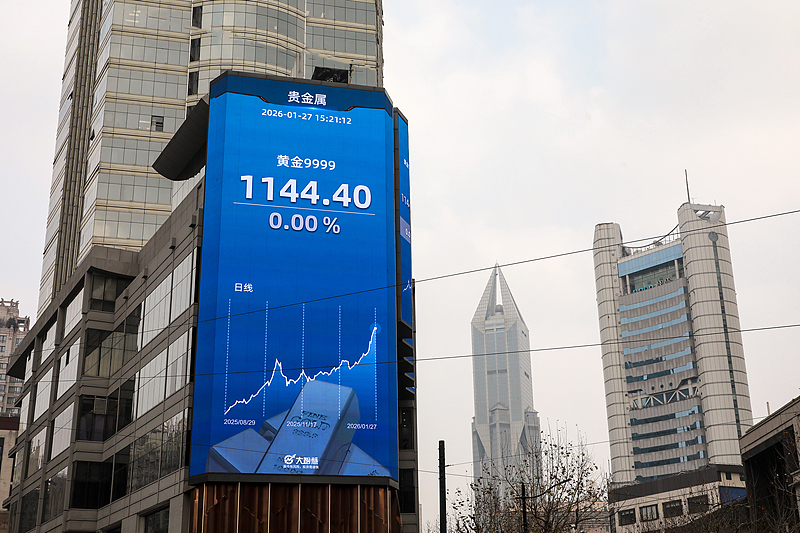 A large screen displayed that the Shanghai Gold Exchange's Shanghai Gold Futures was quoted at 1,144.40 yuan per gram, Shanghai, China, January 27, 2026. /VCG
