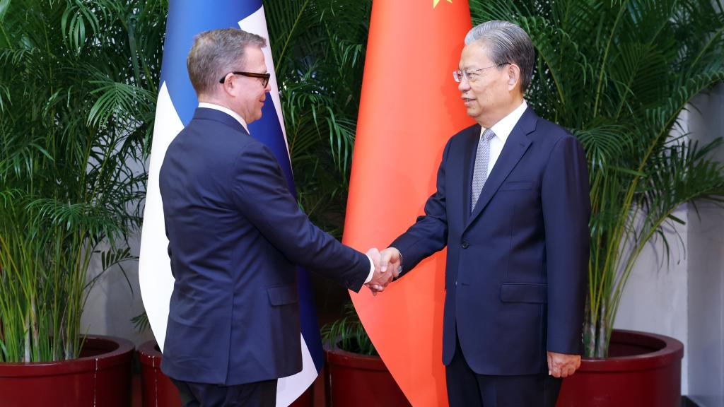 Zhao Leji (right), chairman of the National People's Congress Standing Committee, meets with Finnish Prime Minister Petteri Orpo, in Beijing, China, January 27, 2026. /Xinhua